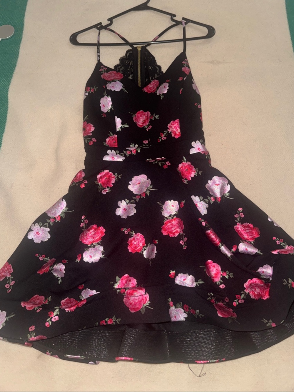B. Smart Black Mini Dress with Pink & Red Floral Print